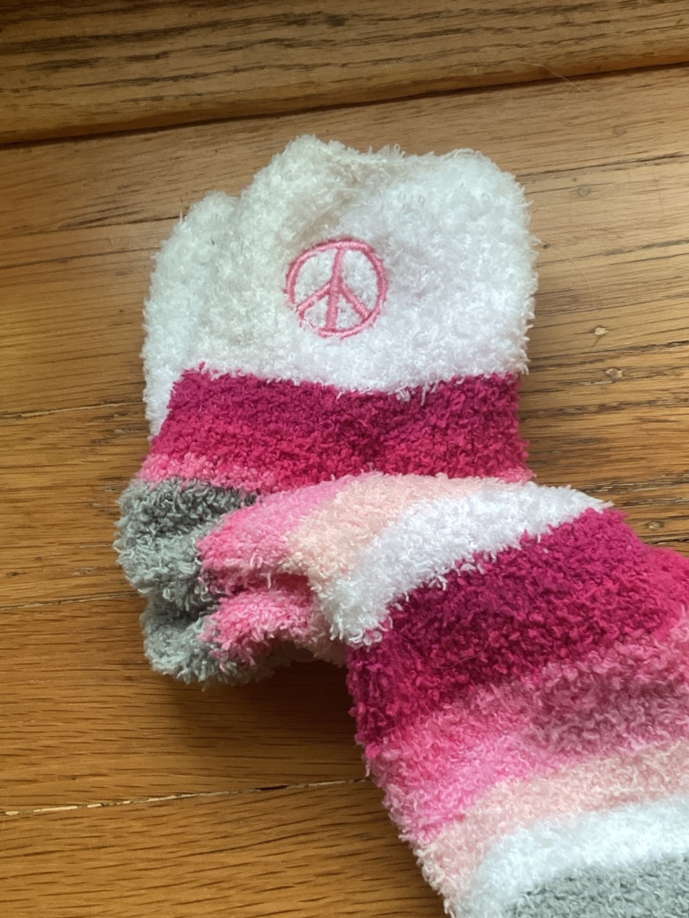 Haute Hippie Pink & White Striped Fuzzy Socks with Peace Sign